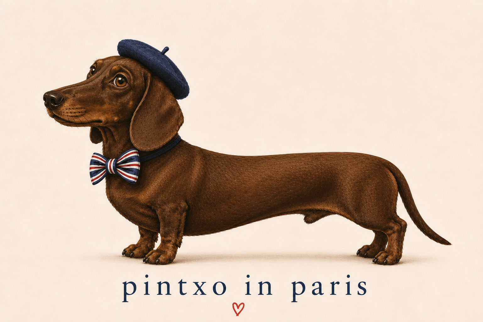 Pintxo, a chocolate miniature dachshund wearing a navy beret and striped bow tie